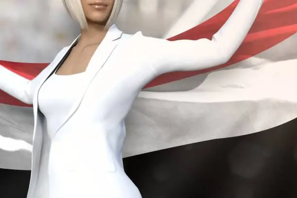 Photo of pretty business lady holds Yemen flag in hands behind her back on the office building background - flag concept 3d illustration