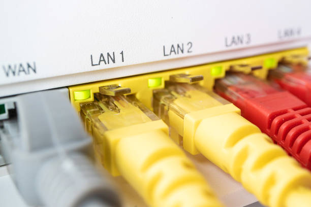 istock yellow patch cords are inserted in the white router, connection with the intro 1164646567