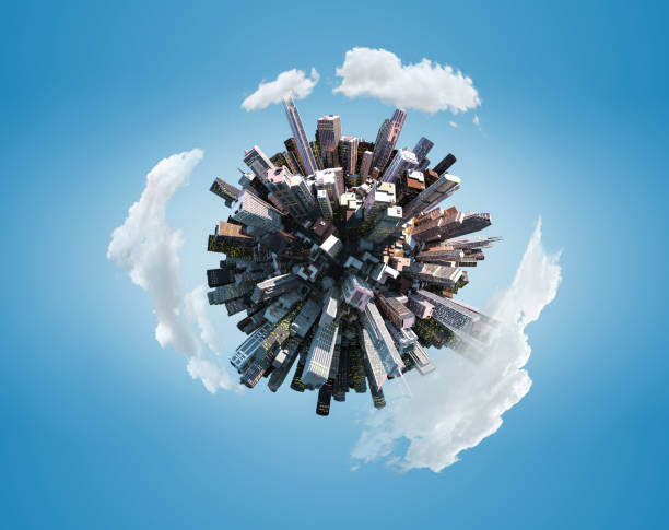 istock Miniature city planet on blue sky background 1164647591