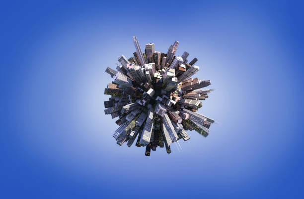 istock Globe concept showing a city center with skyscrapers (3D illustration) on blue background 1164647592