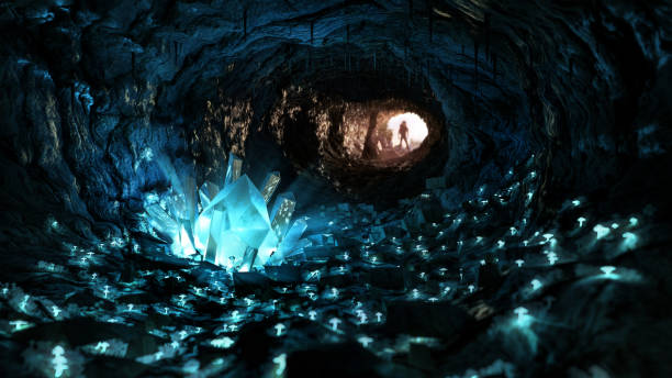 istock Mysterious blue crystal cave, stimulating adventure concept 1164647597