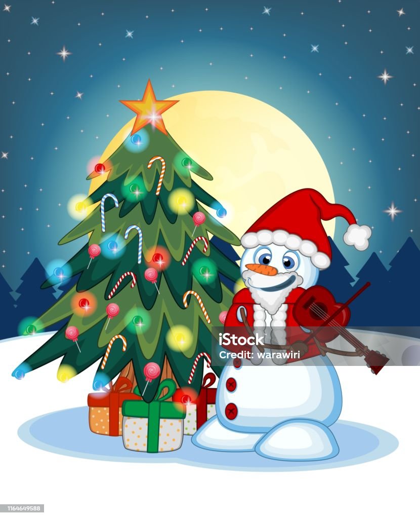 Ilustración de Hombre De Nieve Con Traje De Santa Claus Tocando El Violín  Con Árbol De Navidad Y Luna Llena En El Fondo De La Noche Para Su Diseño  Vector Ilustración y