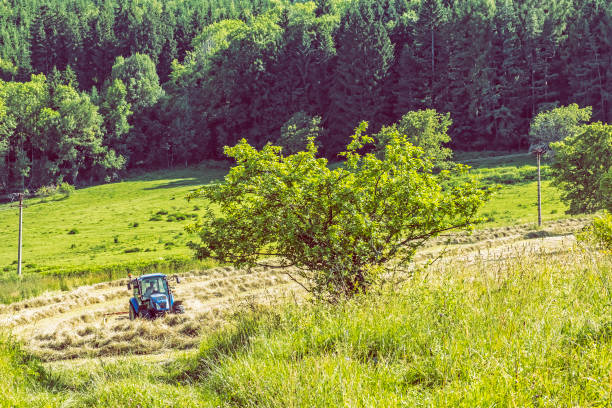 Tractor in the field, forest in background, Lubietova, Slovak republic. Seasonal natural scene.