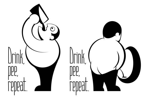 Drink Beer Pee Repeat Retro Inked Drawing Cartoon Man Emblem Fat man with belly drinking beer from glass, pissing in urinal. Caption from lettering motto Drink Pee Repeat. Vector graphic illustration for Beer Fest, brewing, bar in black and white inked style motto stock illustrations