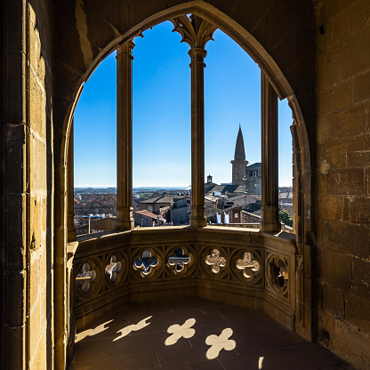 Scenic view from a balcony of the Royal Palace of Olite a Gothic castle built in 13th century. Olite, Navarre, Spain, December 2018