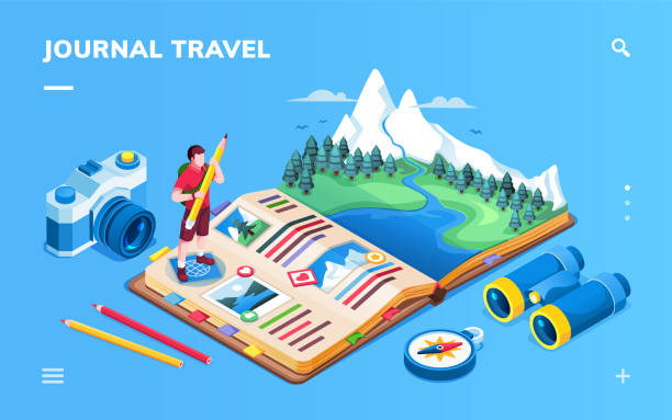 istock Isometric screen for travel journal or expedition photo album scrapbook, tourism memory book or journey planning organizer application. Mountain and forest, river and compass, camera. Smartphone app 1164659779