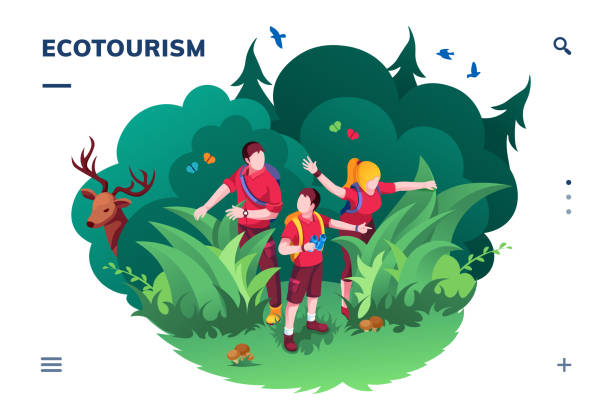 Ecotourism screen for smartphone application or eco tourism landing page. Family walking at wood or forest. Traveling and hiking activity banner. Ecology app and green concept. Recreation and summer Ecotourism screen for smartphone application or eco tourism landing page. Family walking at wood or forest. Traveling and hiking activity banner. Ecology app and green concept. Recreation and summer eco tourism stock illustrations