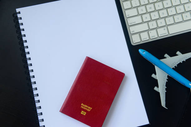 istock Close-up of model aeroplane, notebook, passport & computer keyboard 1164666499