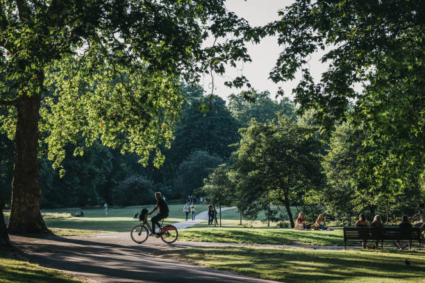 l'uomo pedala su un sentiero in un parco a londra, nel regno unito, in estate. - bicycle london england cycling safety foto e immagini stock