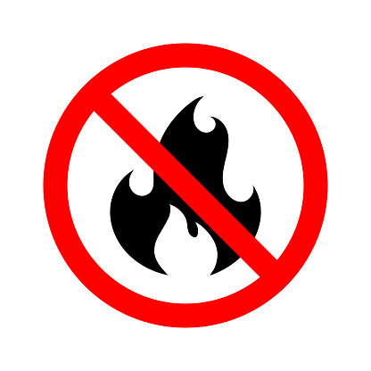 No Fire Sign icon isolated on white background. Black flame in red crossed circle. Simple flame prohibition symbol in flat style. Vector illustration