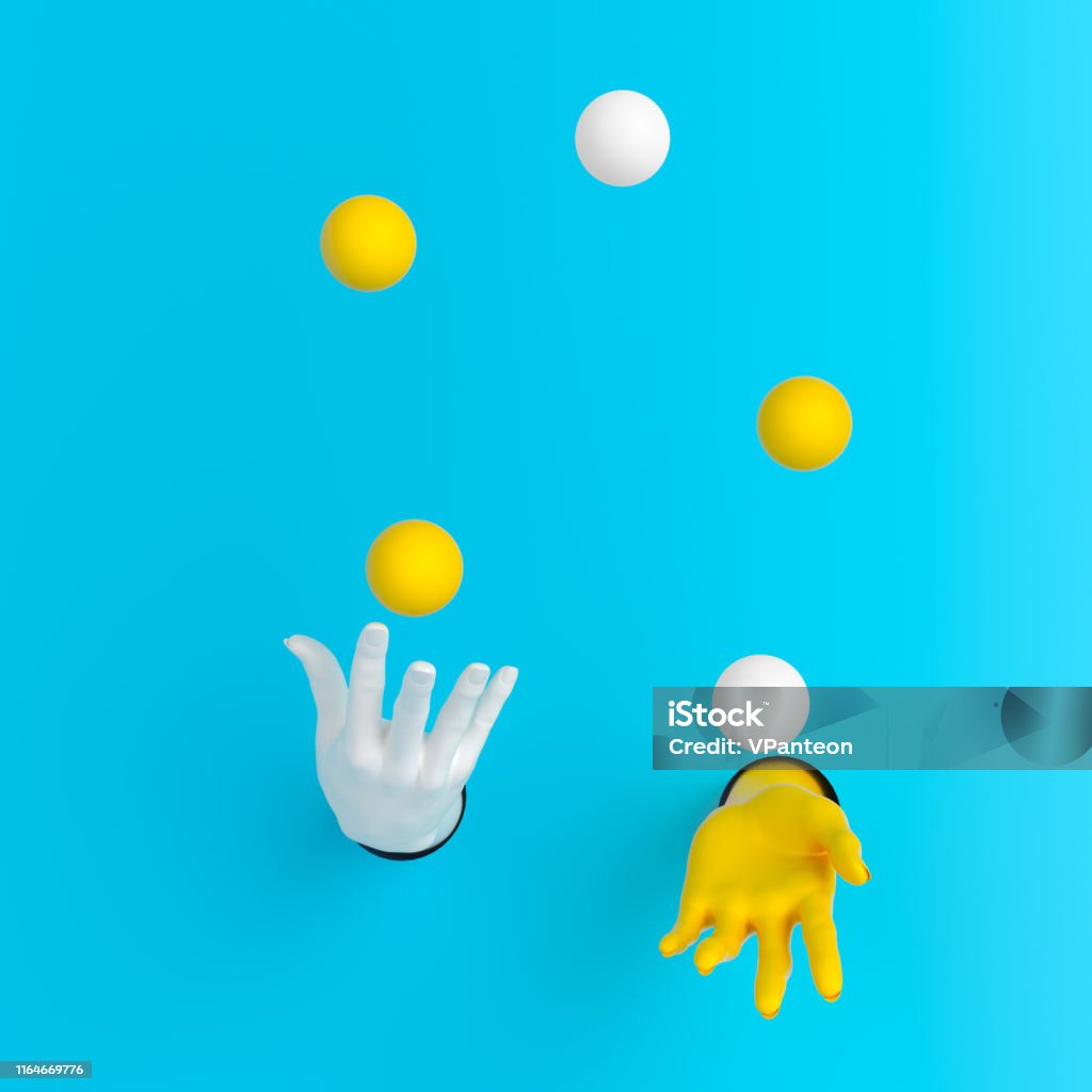 Juggling balls hands out of the wall Juggling balls hands out of the wall 3d illustration Juggling Stock Photo