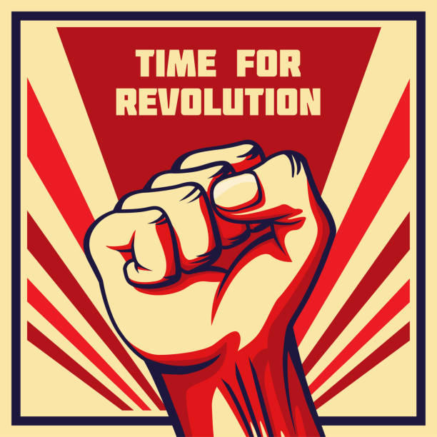 vintage-stil vektor revolution plakat angehoben faust - socialism stock-grafiken, -clipart, -cartoons und -symbole