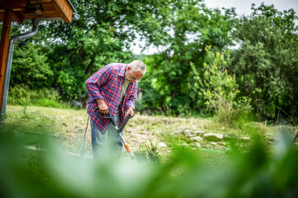 istock The elderly man is mowing the grass in the yard 1164672689