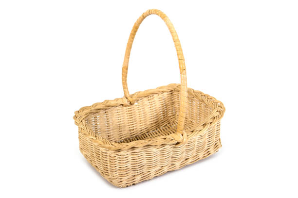 istock Weave bamboo and rattan wood tray basket with handle isolated on white background. Wicker wooden basket isolated 1164673230