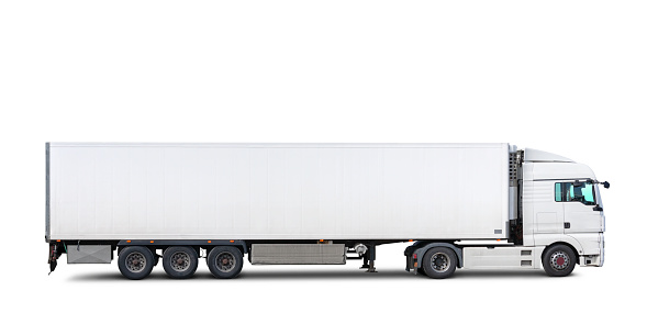 A semi-truck with trailer isolated on white, includes clipping path.