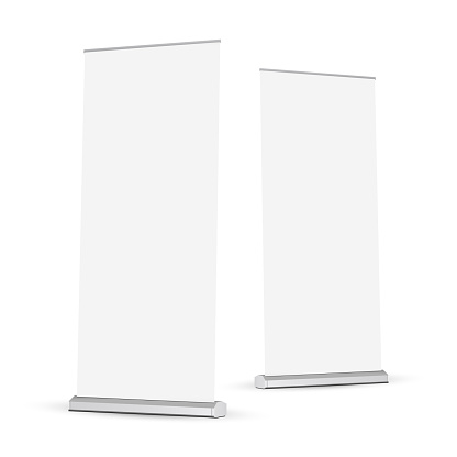 Two roll-up banners mockups isolated on white background. Vector illustration