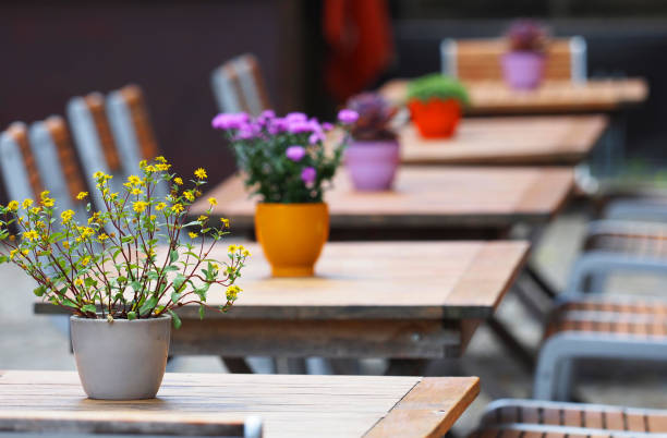 istock Summer cafe, terrace. Tables with colorful flowers, panoramic view 1164678871
