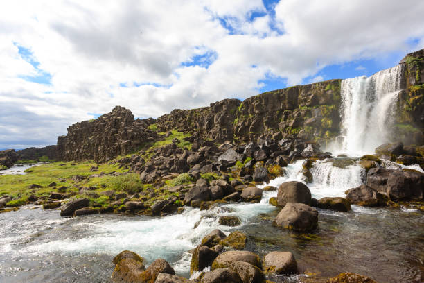Oxararfoss waterfall summer day view, Thingvellir, Iceland. Icelandic waterfall