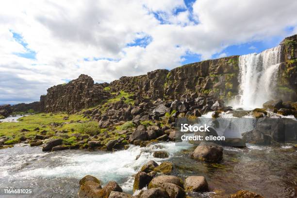 Oxararfoss Waterfall Summer Day View Thingvellir Iceland Stock Photo - Download Image Now