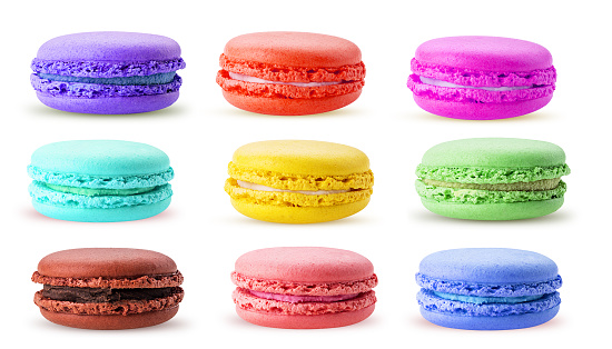 Sweet colorful macarons isolated on white background. Clipping Path. Full depth of field.