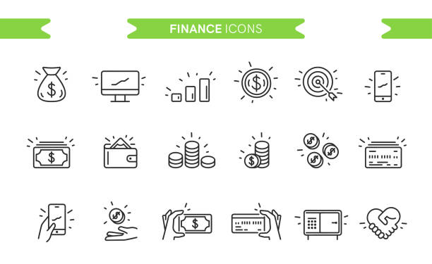 ilustrações de stock, clip art, desenhos animados e ícones de finance, money icons set isolated. line art. editable. signs and symbols. modern simple style. phone, monitor, target, coin, tablet, piggy bank, safe, wallet. flat style vector illustration. - wallet buying white dollar