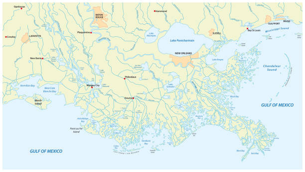 Detailed map of the Mississippi River Delta in the US state of Louisiana Detailed map of the Mississippi River Delta in the US state of Louisiana mississippi delta stock illustrations