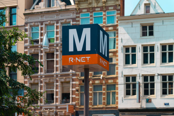 Amsterdam, the netherlands, Rokin, 07/27/2019, Metro sign, Metro Station Amsterdam Rokin,Amsterdam center