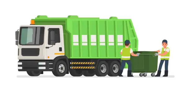 Vector illustration of Garbage truck and dustmen. Scavengers workers clean the trash can