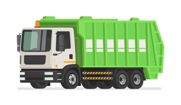 ilustraciones, imágenes clip art, dibujos animados e iconos de stock de camión de basura sobre un fondo blanco. vehículo de recogida de residuos - camion de basura