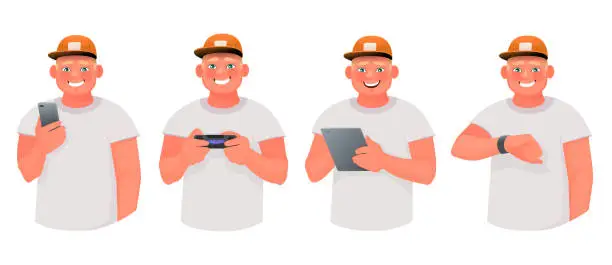 Vector illustration of Young man uses various gadgets. The guy is holding a smartphone and tablet, playing video games
