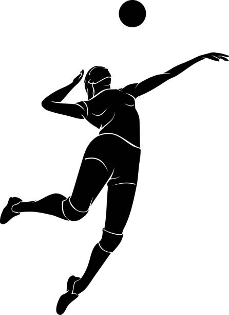 Female Volleyball Mid Air Isolated vector illustration of active women's sports volleyball silhouette. volleyball sport stock illustrations