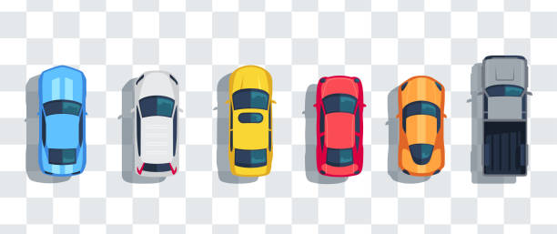 ilustrações de stock, clip art, desenhos animados e ícones de cars set from above, top view isolated. cute beautiful cartoon transport with shadows. modern urban civilian vehicle. view from the bird's eye. realistic car design. flat style vector illustration. - car computer icon symbol side view