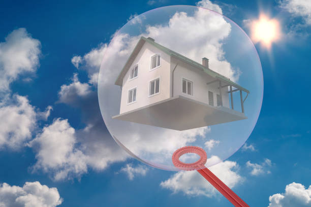 house is caught in a bubble - 3D-Illustration stock photo