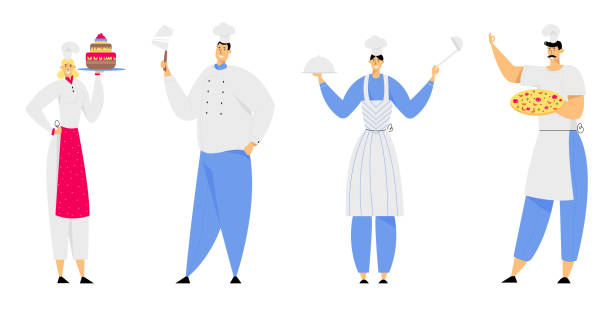 illustrations, cliparts, dessins animés et icônes de personnages du personnel du restaurant dans uniform demonstrating menu, café, pizzeria, bakery shop, hospitality, young man and woman chef in toque and apron holding pizza, cake cartoon flat vector illustration - pizza pizzeria restaurant waiter