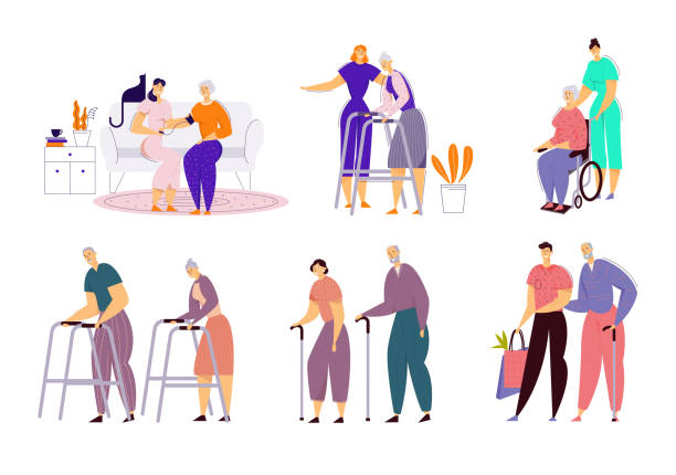 ilustrações de stock, clip art, desenhos animados e ícones de help old disabled people in nursing home. social worker community care of sick seniors on wheelchair, skilled nurse residential healthcare, physical therapy service. cartoon flat vector illustration - senior adult wheelchair community family