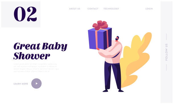 ilustrações de stock, clip art, desenhos animados e ícones de baby shower event, tiny male character holding huge gift box wrapped with ribbon, present for pregnant woman soon baby birthday website landing page, web page. cartoon flat vector illustration, banner - mother gift