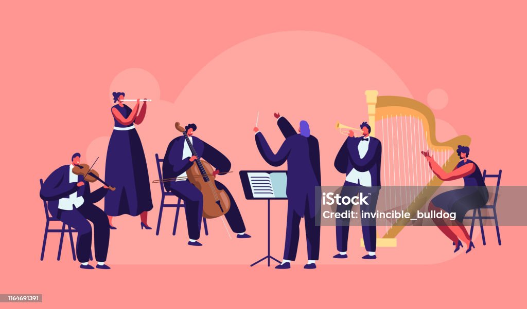 Ilustración de Orquesta Sinfónica Tocando Concierto De Música Clásica Director Y Músicos Con Instrumentos Actuando En El Escenario Con Violín Flauta Violonchelo Trompeta Interpretación De Arpa Ilustración Vectorial Plana De Dibujos Animados Ilustración de Orquesta Sinfónica Tocando Concierto De Música Clásica Director Y Músicos Con Instrumentos Actuando En El Escenario Con Violín Flauta Violonchelo Trompeta Interpretación De Arpa Ilustración Vectorial Plana De Dibujos Animados