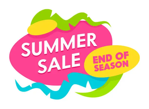 Vector illustration of Summer Sale End of Season Banner with Abstract Shapes and Elements Isolated on White Background. Summertime Holiday, Festive Shopping, Discount Poster for Store Offer. Cartoon Flat Vector Illustration