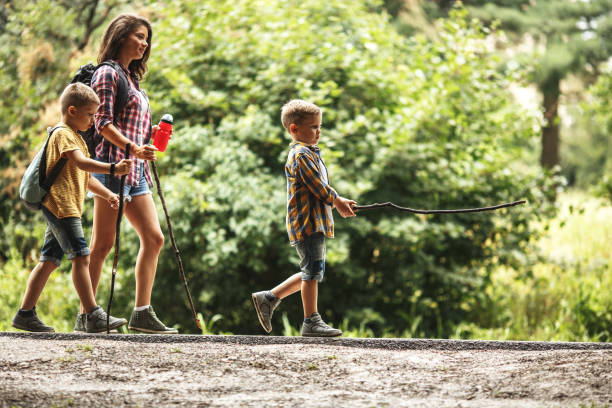 istock Mother and her little sons hiking trough forest. 1164691865