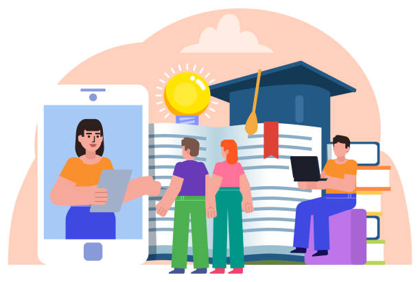 istock Online learning, courses, distant education concept. People stand near big smartphone, books. Poster for social media, banner, web page, presentation 1164692890