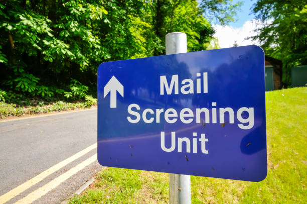 istock Sign for a Mail Screening Unit at a sensitive government facility to prevent letterbombs or hazardous substances 1164692971