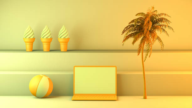 istock Minimal summer and travel concept with laptop and staircase platform 1164693713