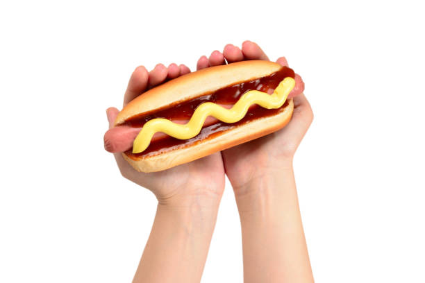 Hot dog in woman hand isolated on white background. Copy space.