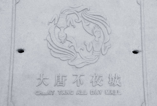 A plaque that says great Tang all day mall in Xian China near the great wild goose pagoda scenic area in shaanxi province. Chinese tranlation says great tang all day mall.
