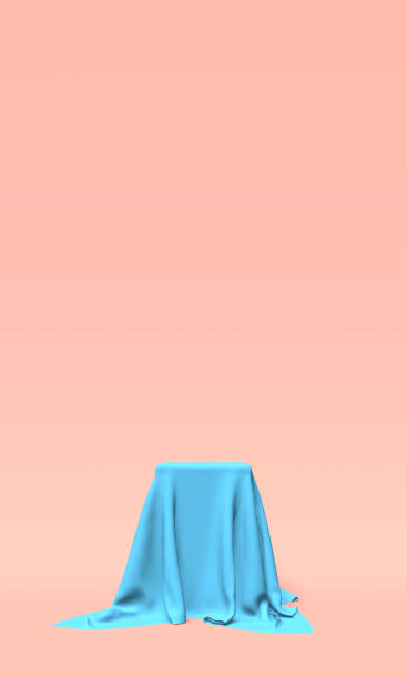 istock Podium, pedestal or platform covered with blue cloth on pink background. Abstract illustration of simple geometric shapes. 3D rendering. 1164697488