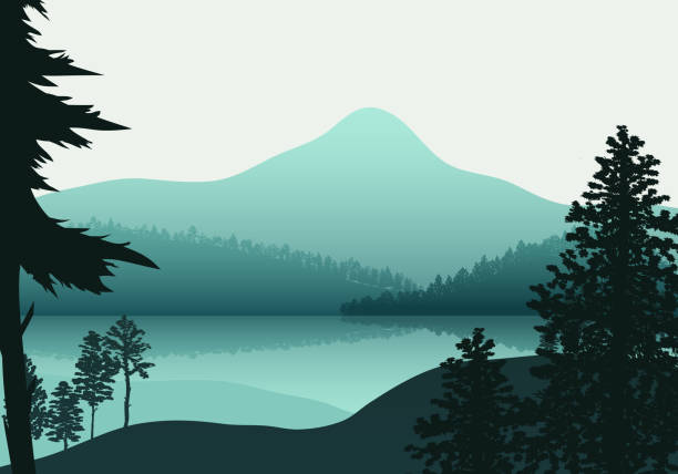 пейзажная природа, фоновая река и озеро, горы и хвойные тропические леса - uk river panoramic reflection stock illustrations