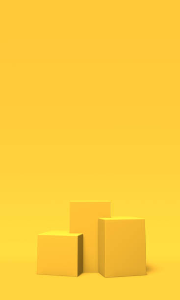 podio, piedistallo o piattaforma color oro su sfondo giallo. illustrazione astratta di semplici forme geometriche. rendering 3d. - blue gold satin silk foto e immagini stock