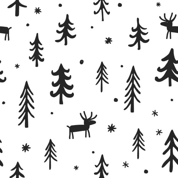 Vector Christmas seamless pattern with cute cartoon deer, trees, and snowflakes. White, black, and grey palette. Scandinavian winter background. Vector Christmas seamless pattern with cute cartoon deer, trees, and snowflakes. White, and black palette. Scandinavian winter background. Design for fabric, paper, card, web banner, invitation funny-moose stock illustrations