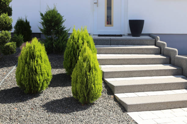 istock Neat and tidy front yard with solid block steps, decorative gravel and planting 1164704450