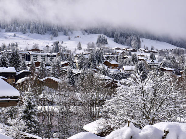 Megeve in winter, the village and its wooden houses under the snow, the fog which covers with a white veil the mountain and its firs.